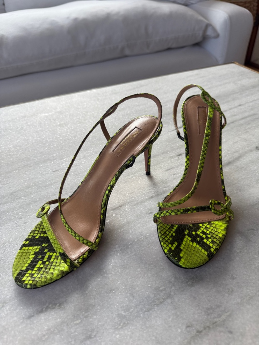 Aquazzura Neon Green Snakeskin Slingback Heels